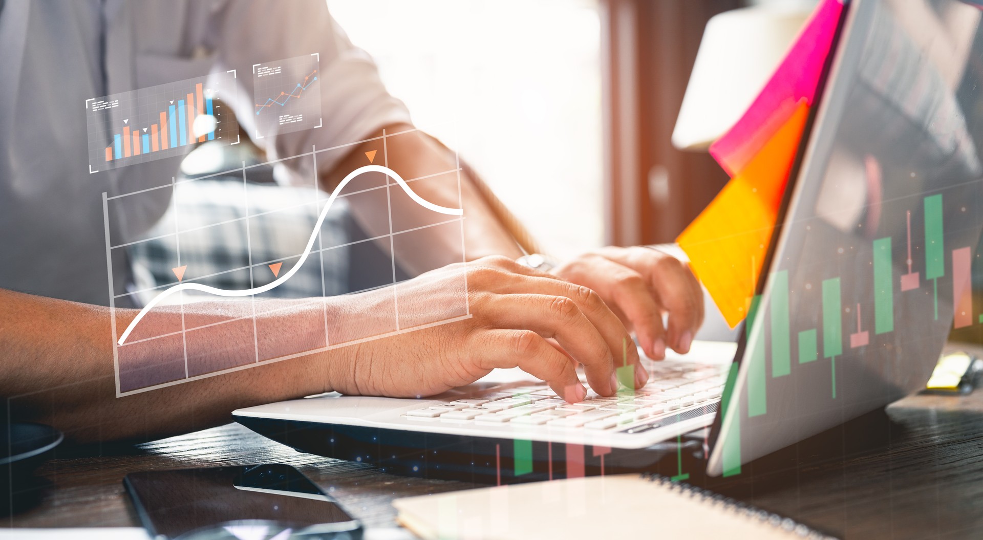 Businessman sitting at table and working,Data and key performance indicators for business intelligence analytics,information graph and charts,Business data market concepts.